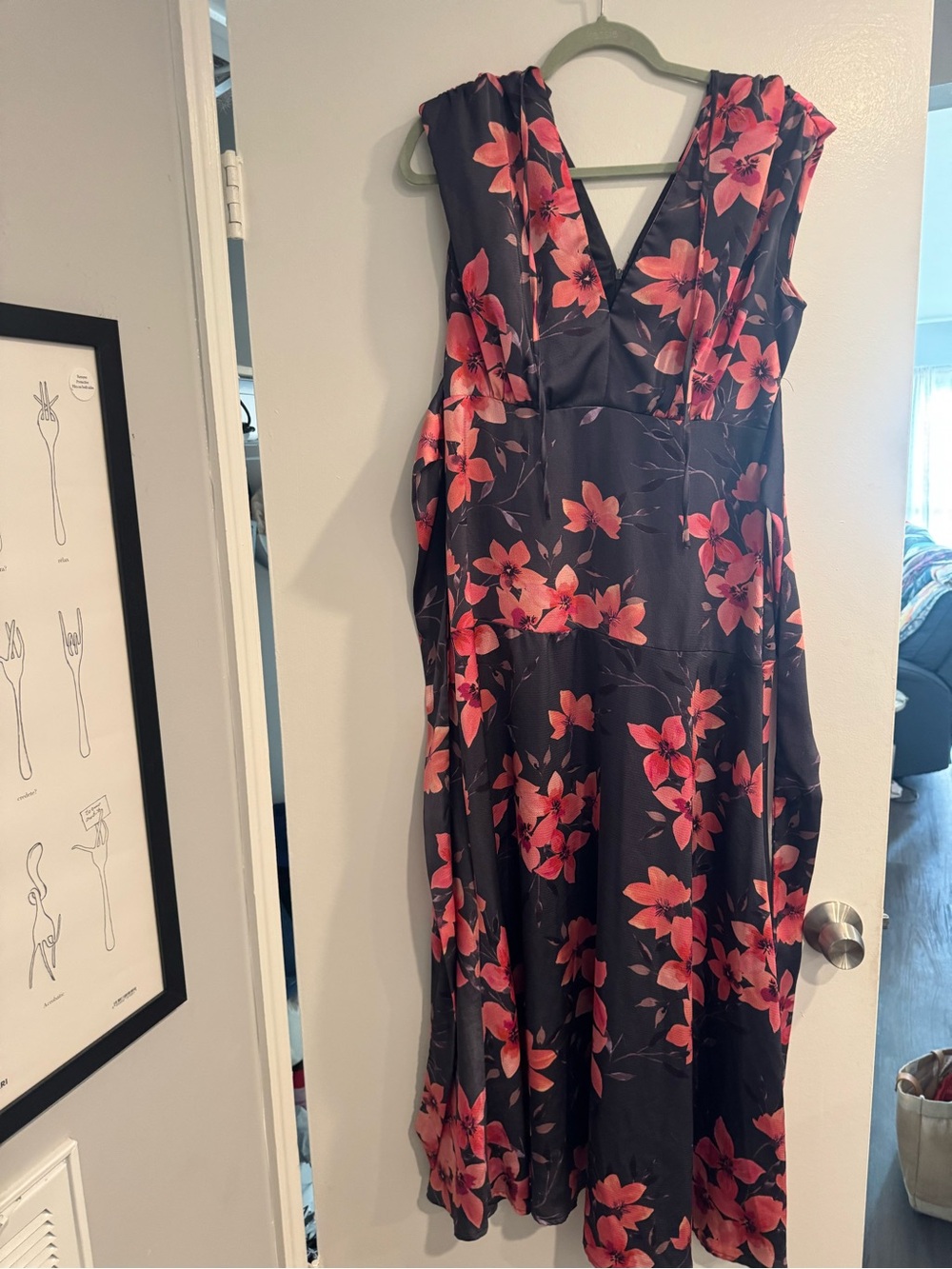 Liquorish Navy Pink Floral V-Neck Midi Dress US 8 A-Line Wedding Guest